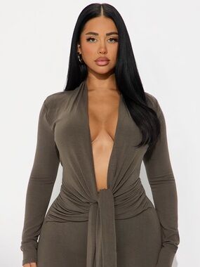 Fashion Nova Olive Green Tie-Front Jumpsuit